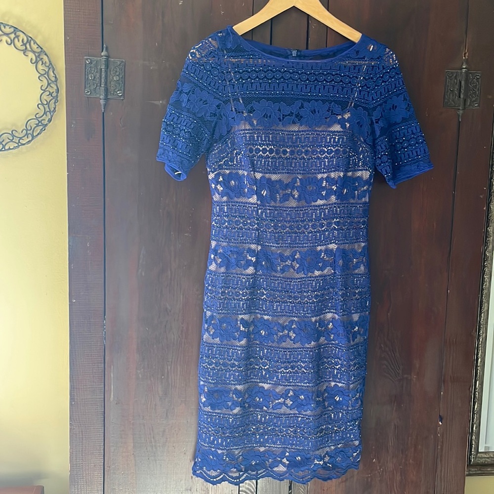 Adrianna Papell Blue Lace dress with nude lining